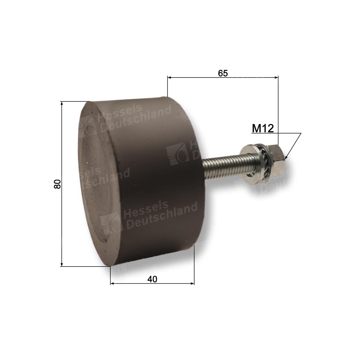 TRAGROLLE GUM. ø80/ 40 / M12x65 Bemaßt