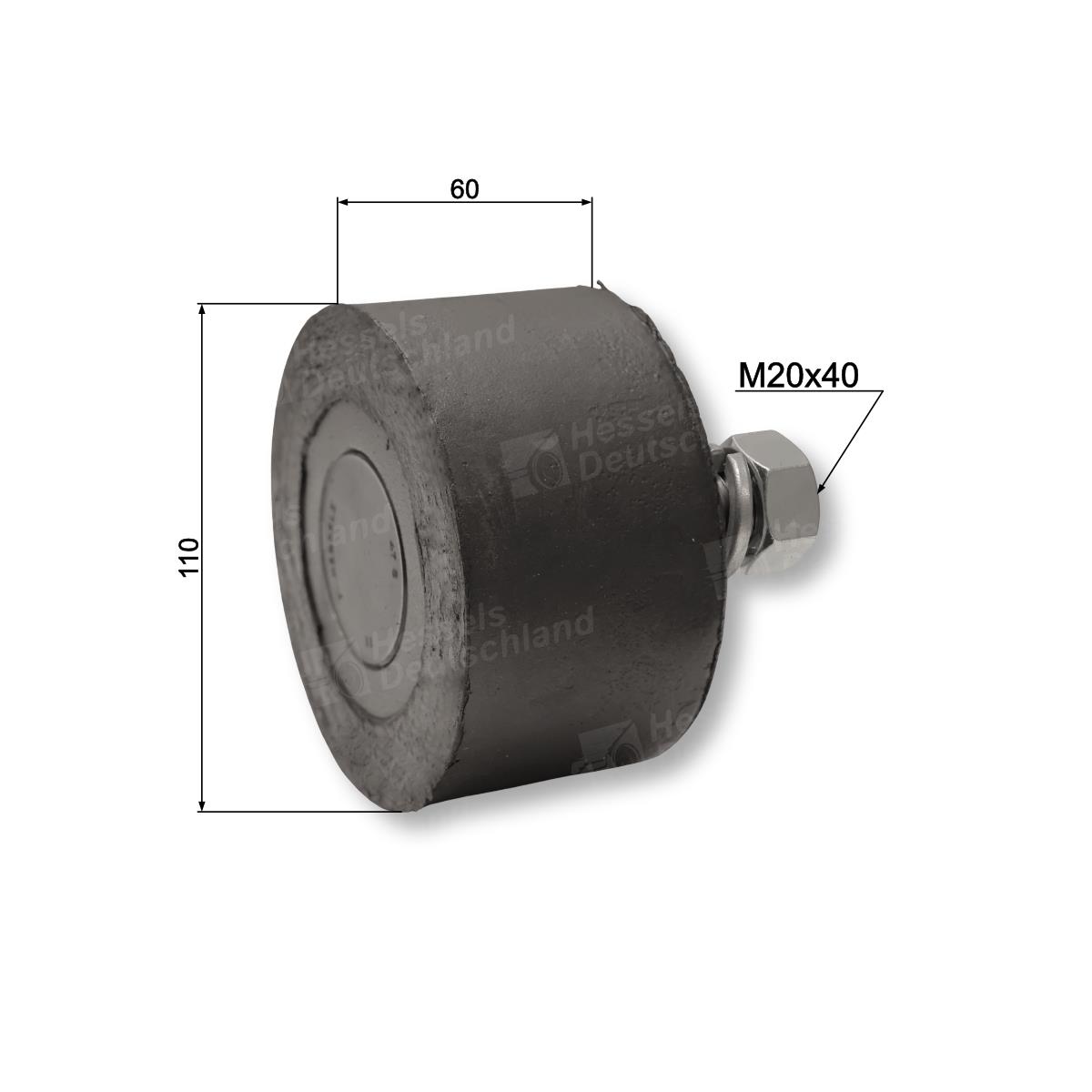 Tragrolle Gummi ø110/60/M20x40 Bemaßt