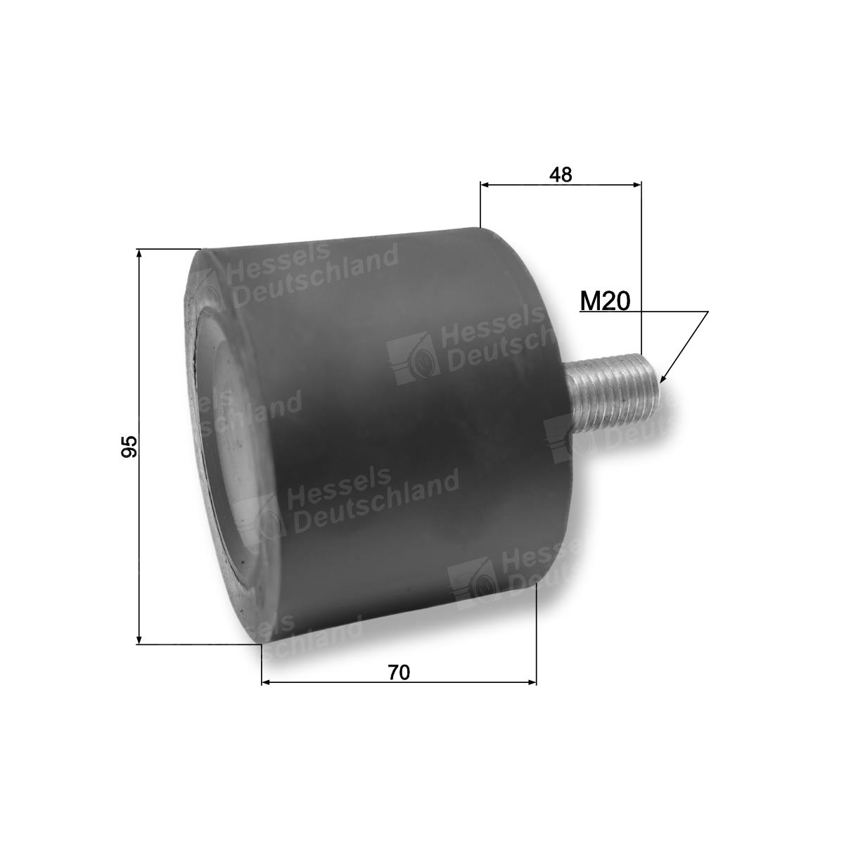 Rolle Gummi ø95/70/M20 Bemaßt