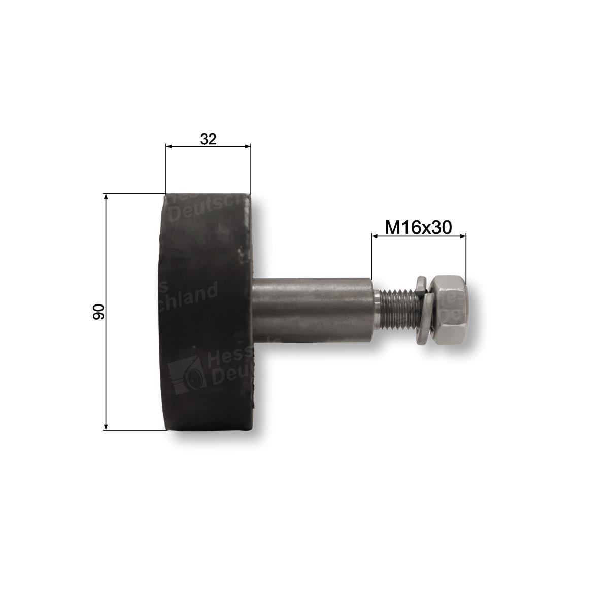 Tragrolle Gummi ø90/32/M16x30 Langer Bolzen Bemaßt