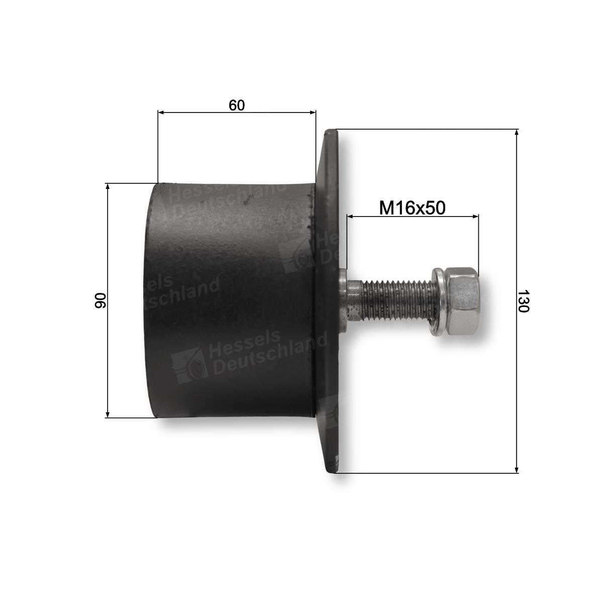 Tragrolle Gummi ø90/130/60/M16x50 Bemaßt