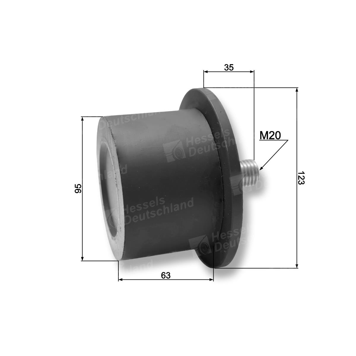 Rolle Gummi ø95/F123/63/M20 Bemaßt