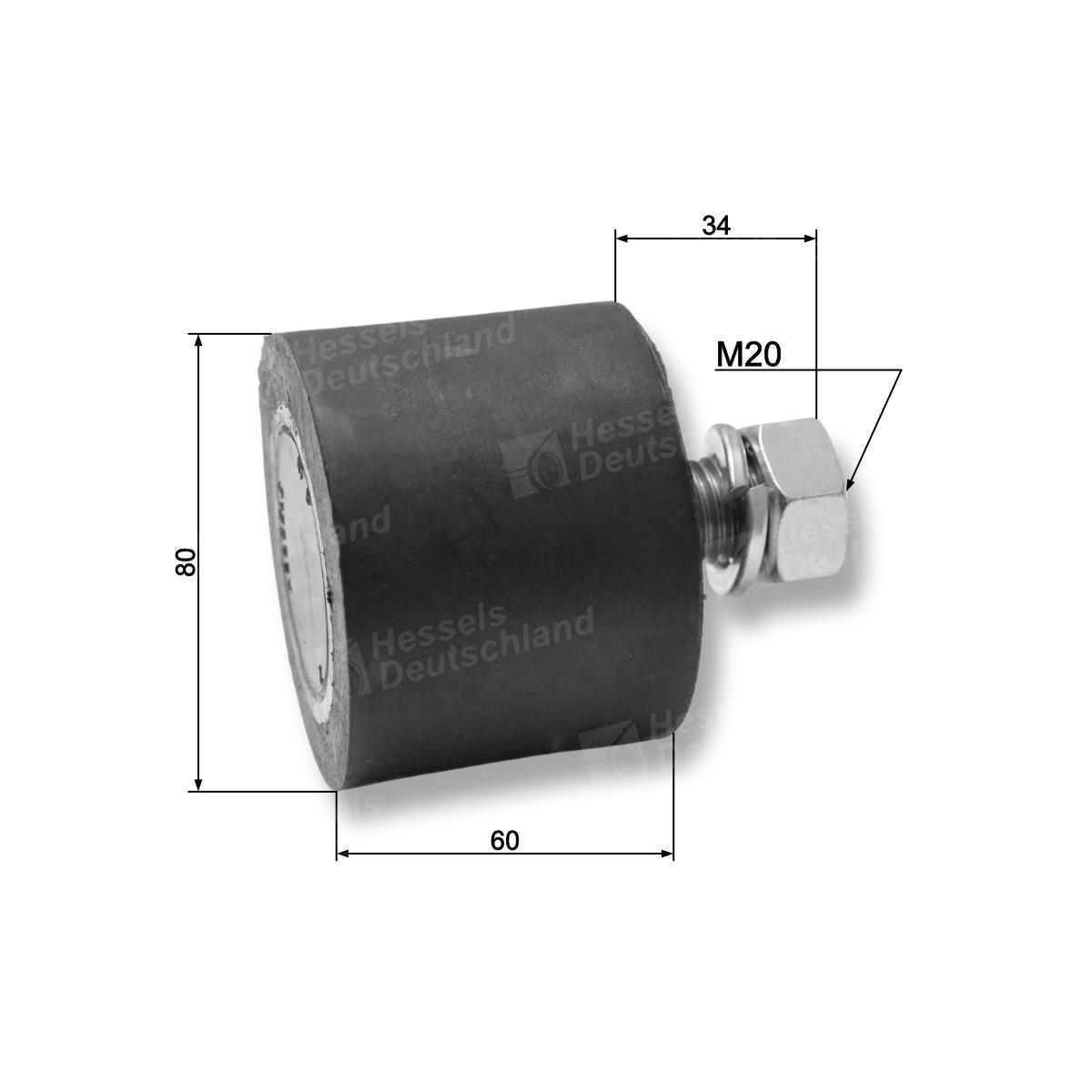 Rolle Gummi ø80/M20x35 Bemaßt