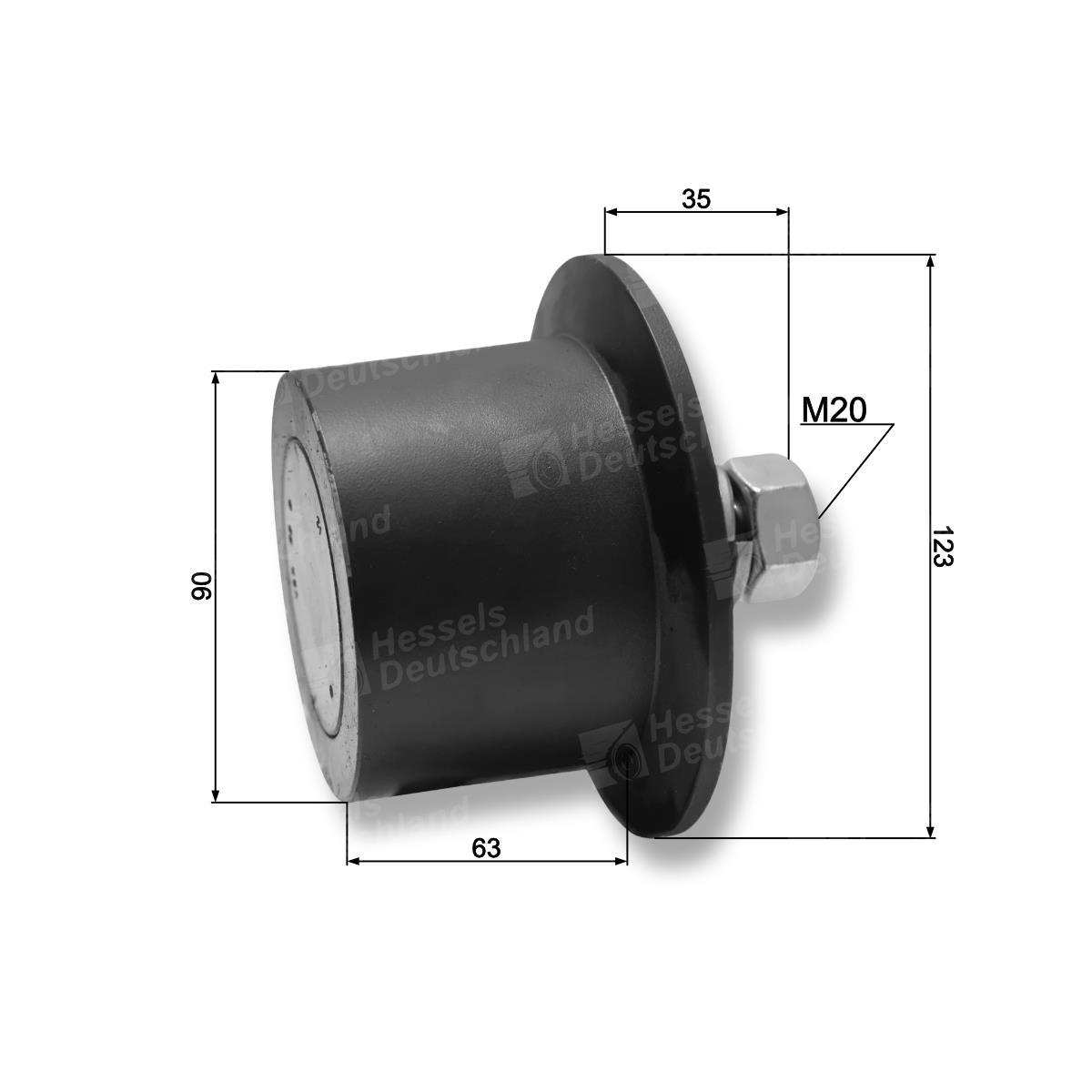 Rolle Stahl ø90/F123/63 M20x30 Bemaßt