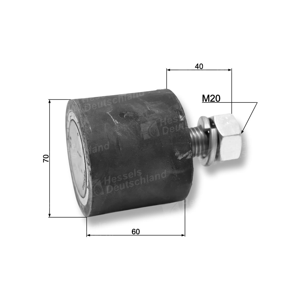 Rolle Gummi ø70/M20x35 Bemaßt